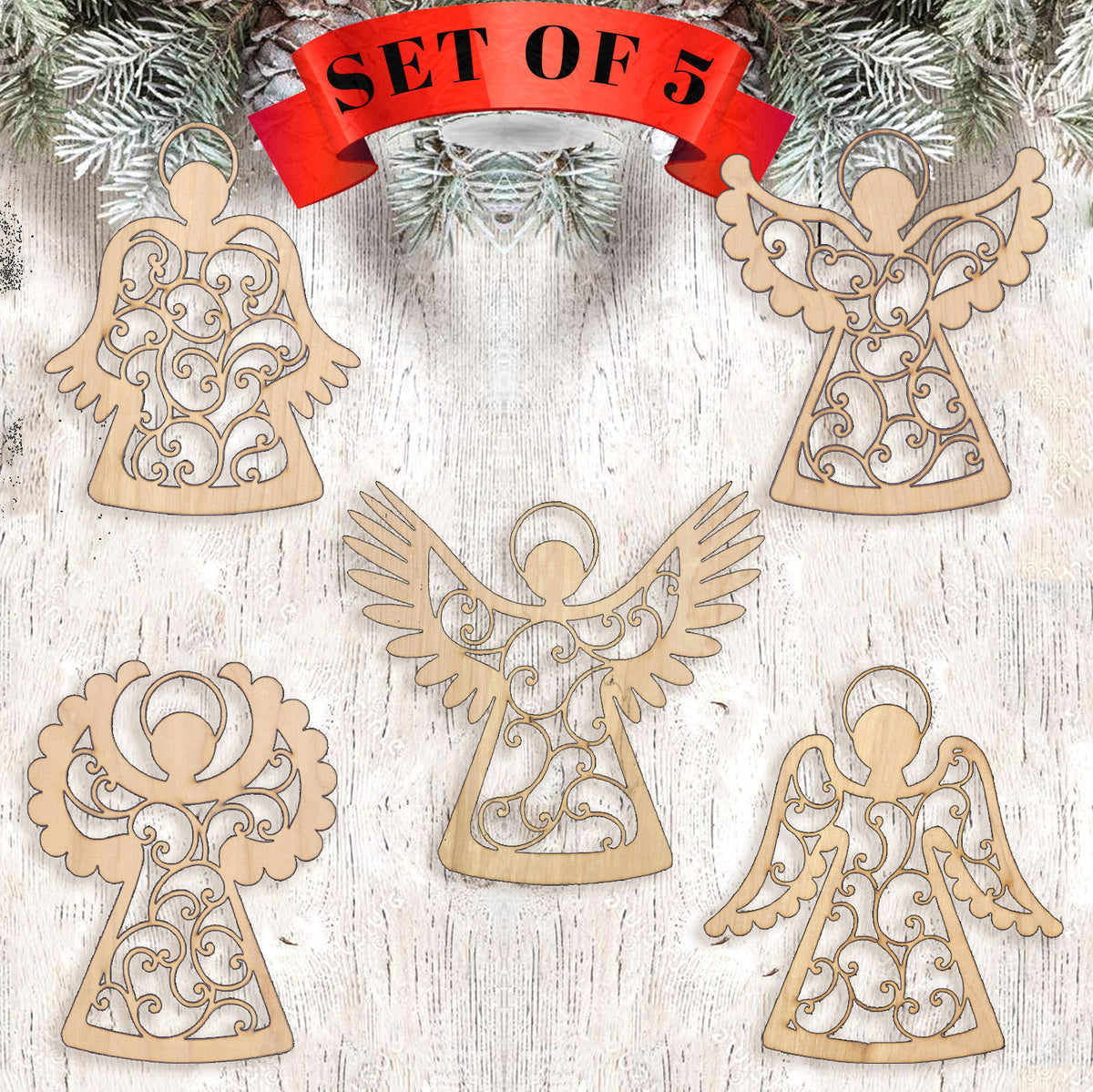 Angels Wooden Christmas Ornaments (Set of 5)