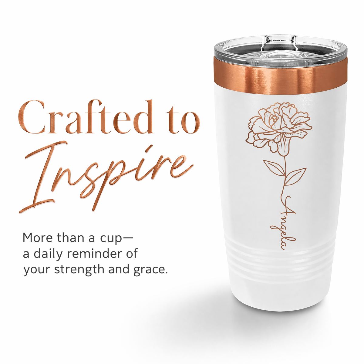 White and copper floral tumbler with Angela name beside Crafted to Inspire message