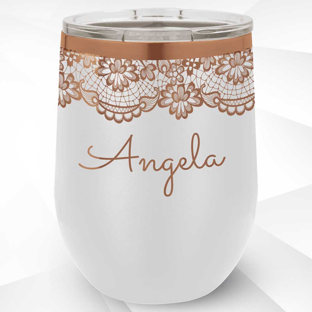 Personalized 12 oz Wine Tumbler with Sealed Lid & Elegant Lace Designs