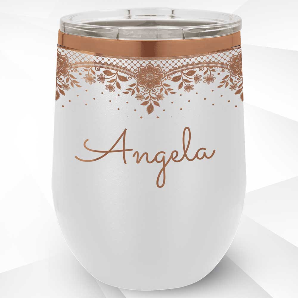 Personalized 12 oz Wine Tumbler with Sealed Lid & Elegant Lace Designs
