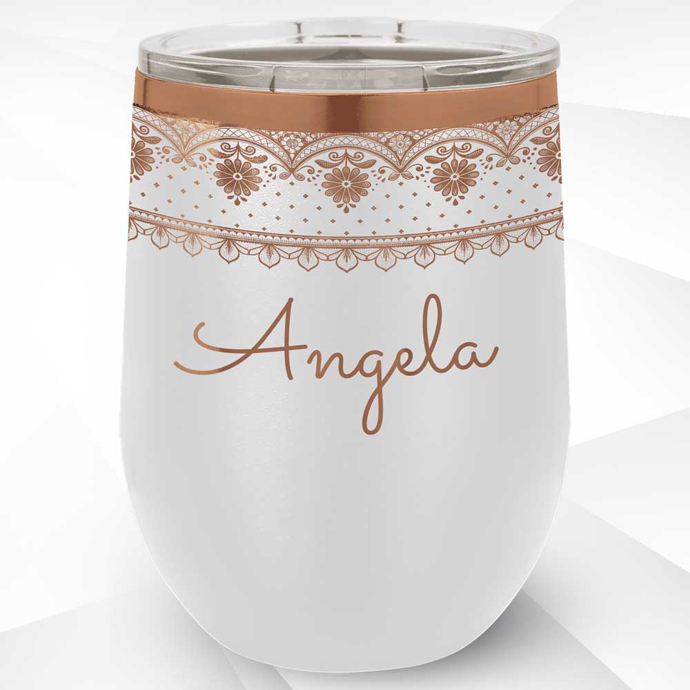 Personalized 12 oz Wine Tumbler with Sealed Lid & Elegant Lace Designs