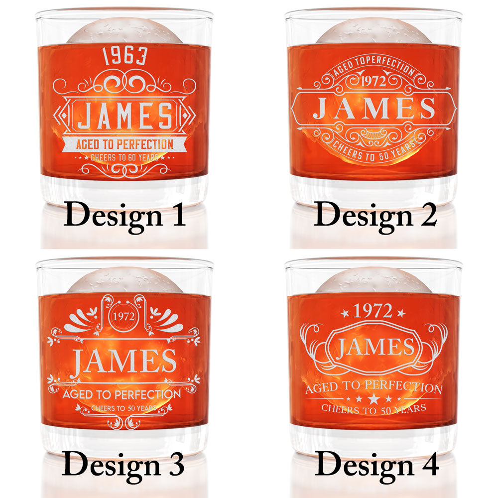 Four Aged to Perfection engraving design examples on short whiskey glasses with sample name and year
