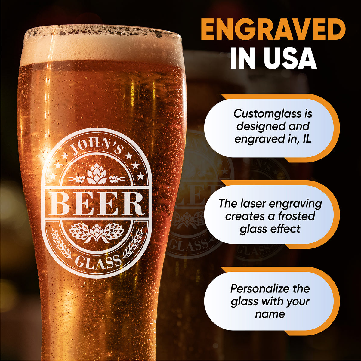Pilsner beer glass with frosted personalized emblem and engraved in USA information