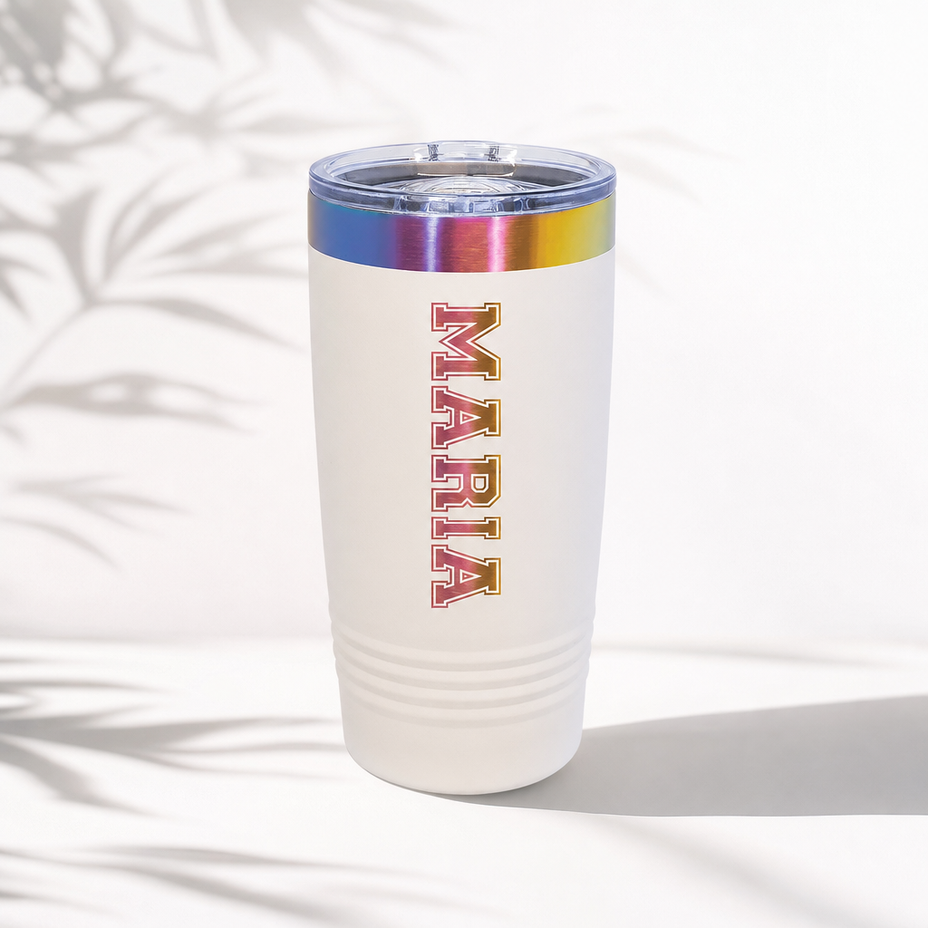 White and copper 20 oz personalized tumbler with a sample name in varsity lettering