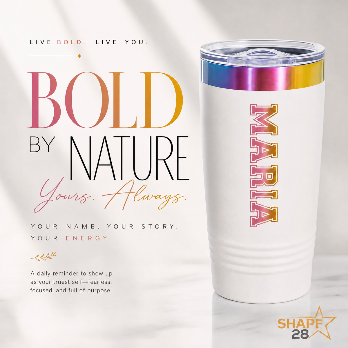 Personalized 20 oz varsity name tumbler displayed with bold collegiate lettering