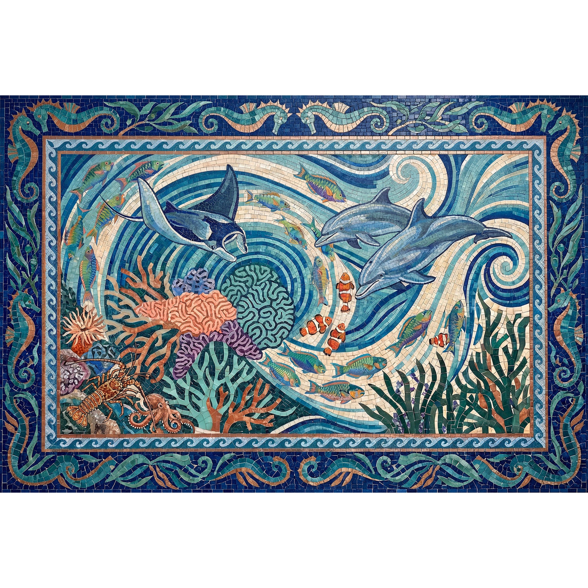 Ultra-Thin Floor Mats 36" x 24" (1/10 Inch Thick) - Design Ocean Mosaic