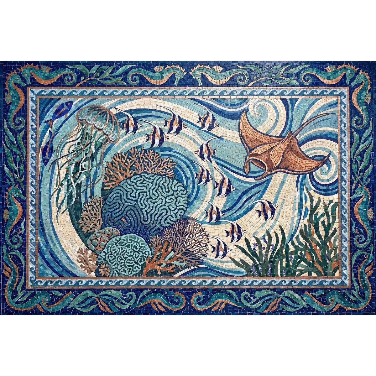 Ultra-Thin Floor Mats 36" x 24" (1/10 Inch Thick) - Design Ocean Mosaic
