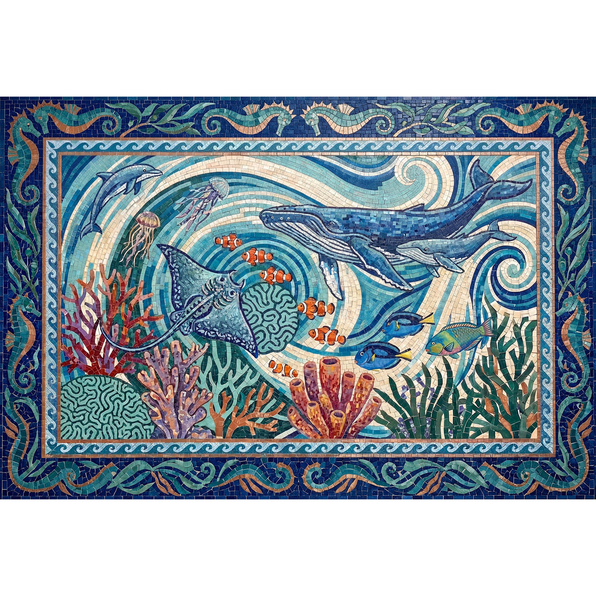 Ultra-Thin Floor Mats 36" x 24" (1/10 Inch Thick) - Design Ocean Mosaic