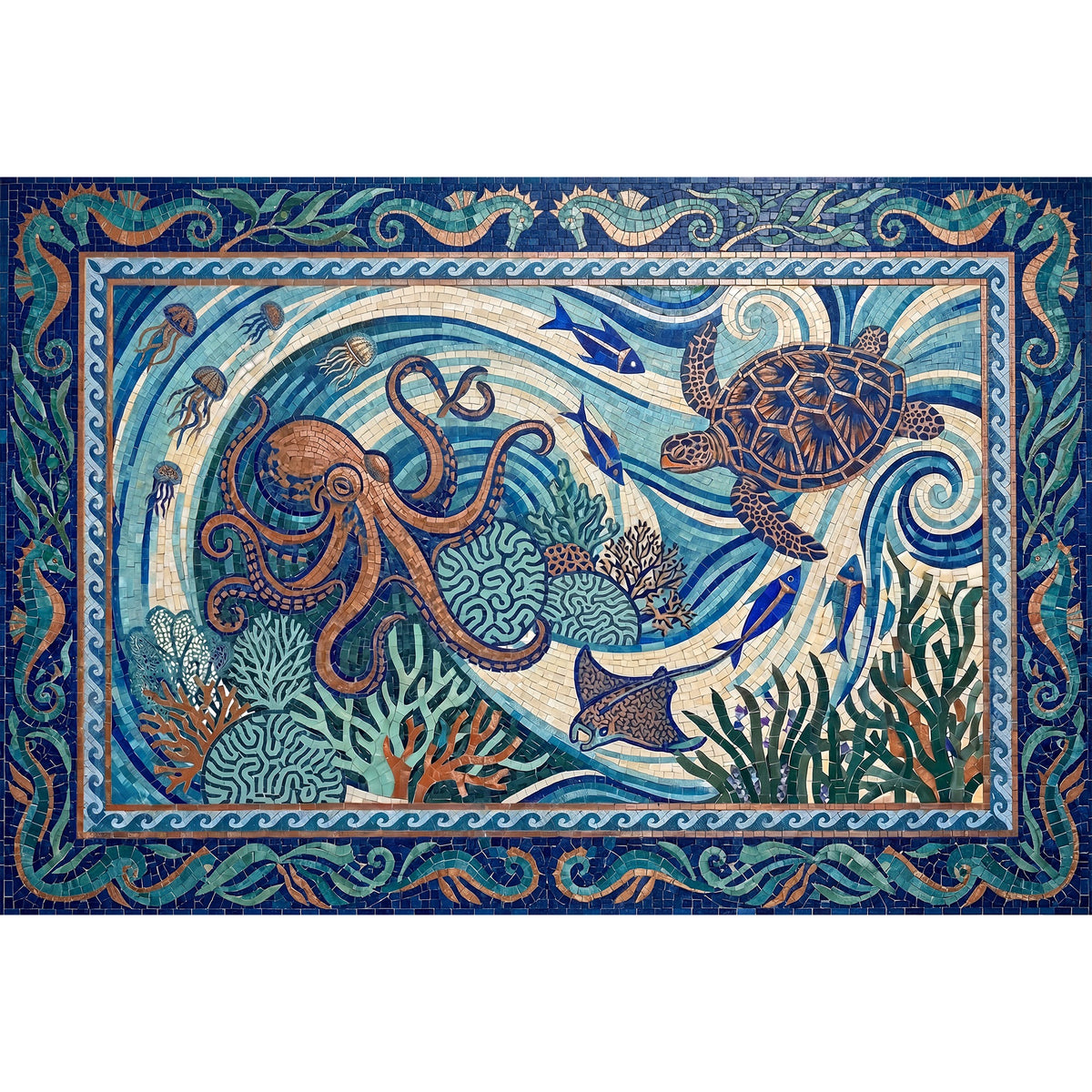 Ultra-Thin Floor Mats 36" x 24" (1/10 Inch Thick) - Design Ocean Mosaic