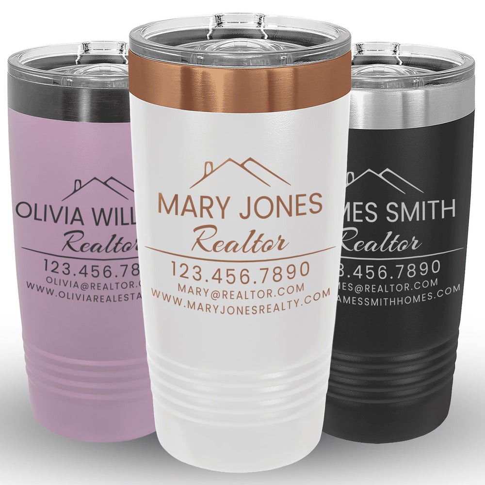 Three personalized realtor tumbler color examples with agent engraving