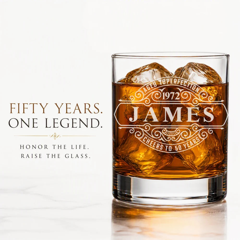 Personalized Aged to Perfection 10.5 oz whiskey glass engraved with James and 1972