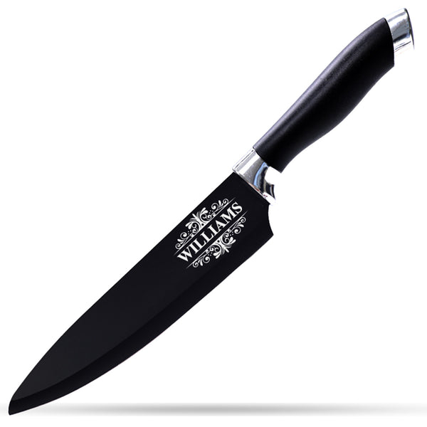 Personalized Black Kitchen Knife -Custom Engraved-Santoku or Chef Style