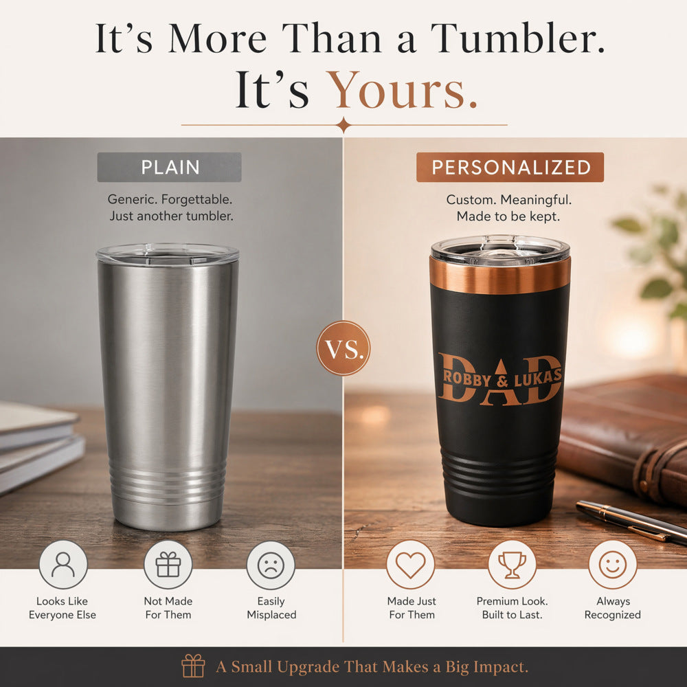 Charcoal-Copper 20 oz Dad tumbler with copper metallic rim and laser-engraved sample names, shown beside a plain tumbler