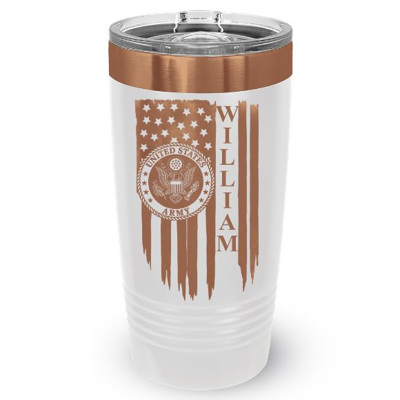 White and copper 20 oz personalized Army tumbler with American flag and sample name William