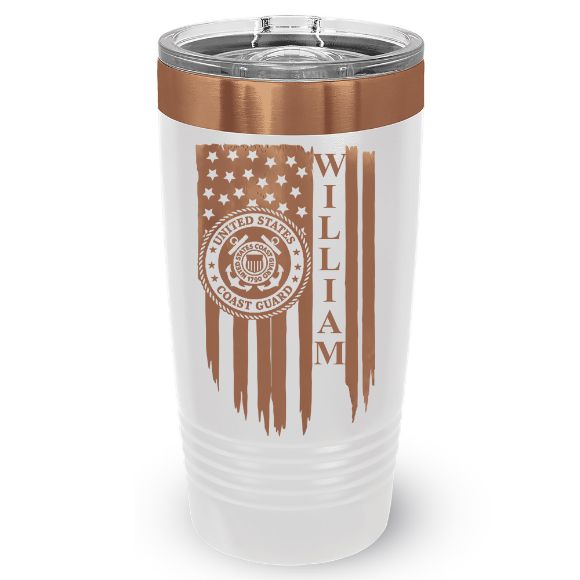 White and copper 20 oz personalized Coast Guard tumbler with American flag and sample name William
