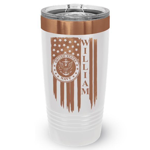 White and copper 20 oz personalized Navy tumbler with American flag and sample name William
