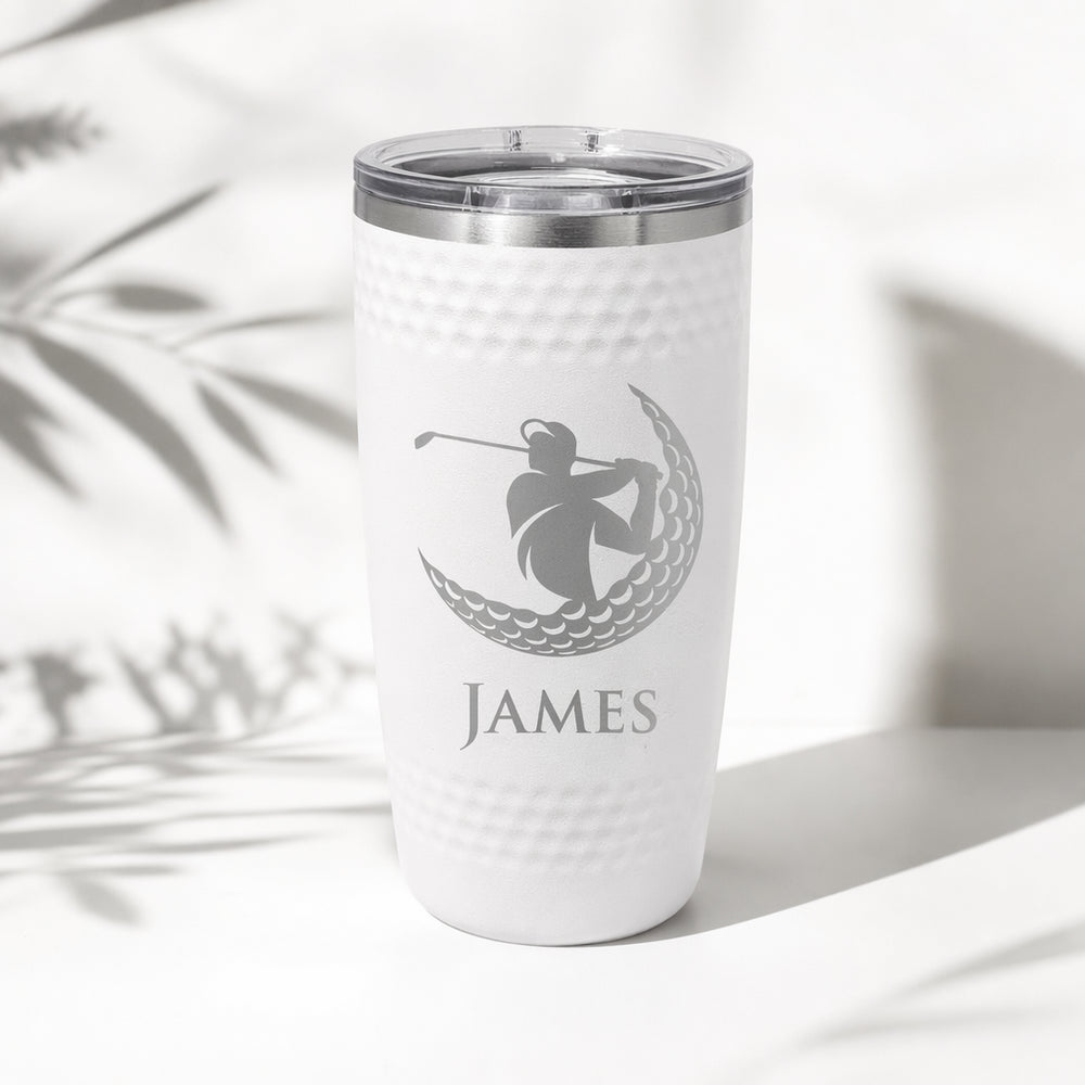 White 20 oz golf tumbler with golfer silhouette and sample name on the front