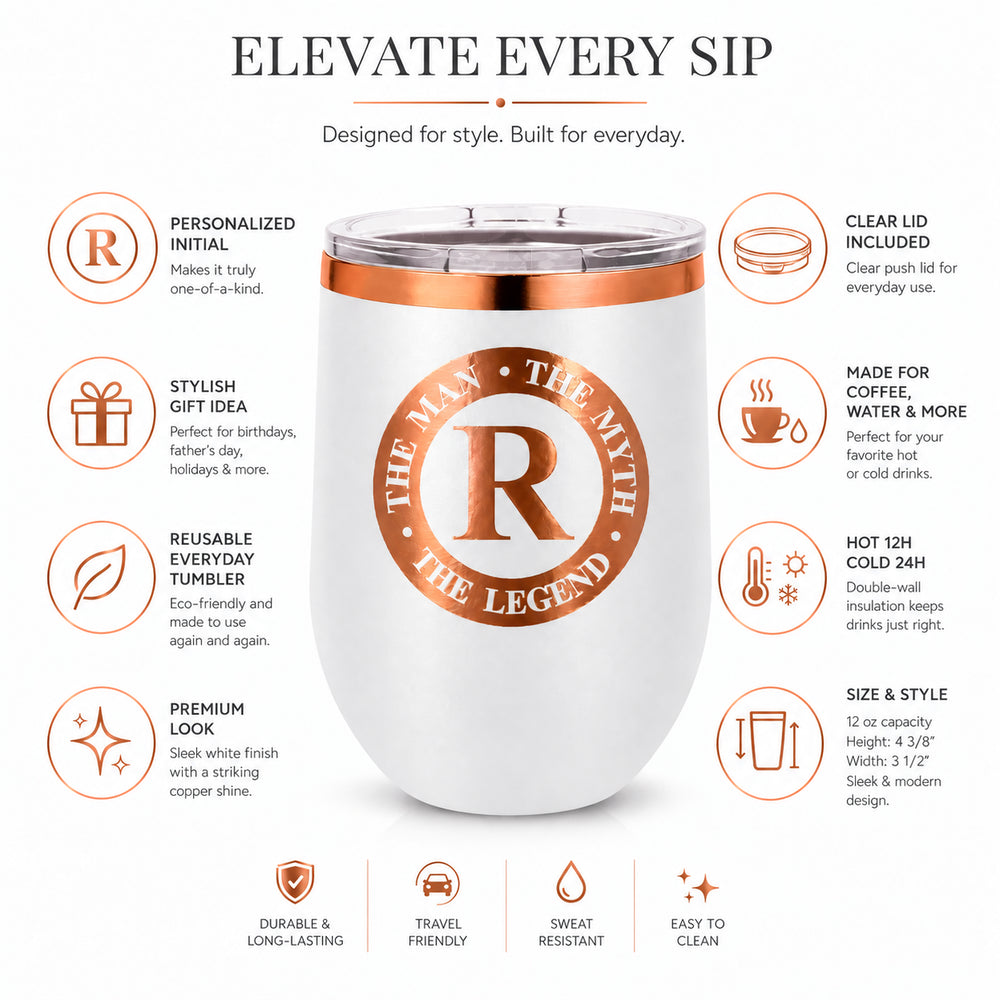 12 oz Legend wine tumbler infographic with personalized initial, clear lid, hot 12 hours and cold 24 hours