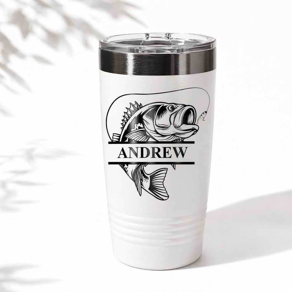 White 20 oz fishing tumbler with fish engraving and personalized Andrew name