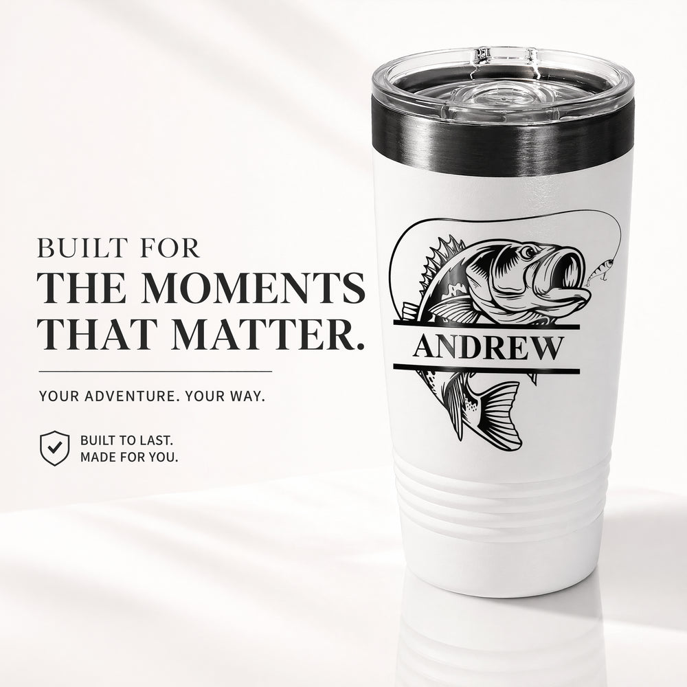 Personalized 20 oz fishing tumbler with Andrew name and fish design beside Built for the Moments That Matter text