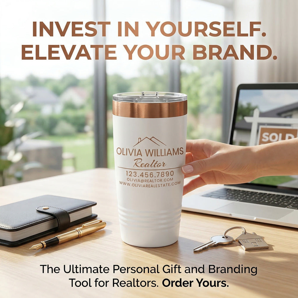 White and copper realtor tumbler with sample name beside a sold sign