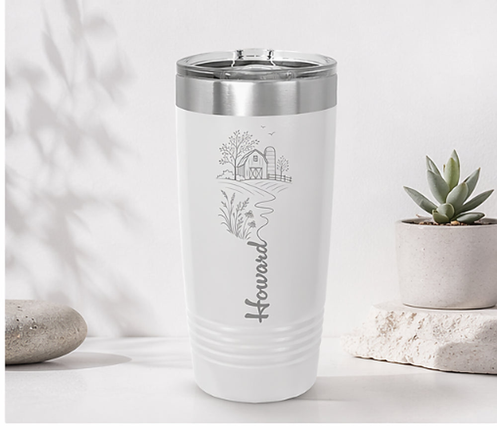 White and silver 20 oz personalized adventure tumbler with farm design and sample name