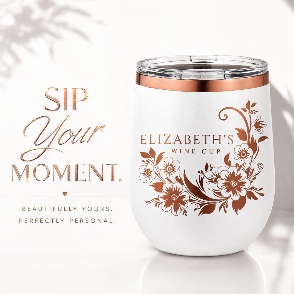 Personalized white floral wine tumbler with copper trim and Elizabeth's Wine Cup design