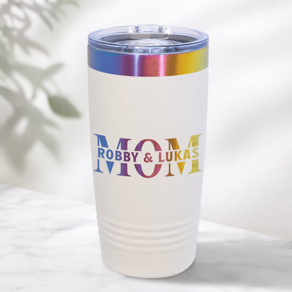 White-Aurora 20 oz Mom tumbler with rainbow metallic rim and laser-engraved sample names Robby and Lukas