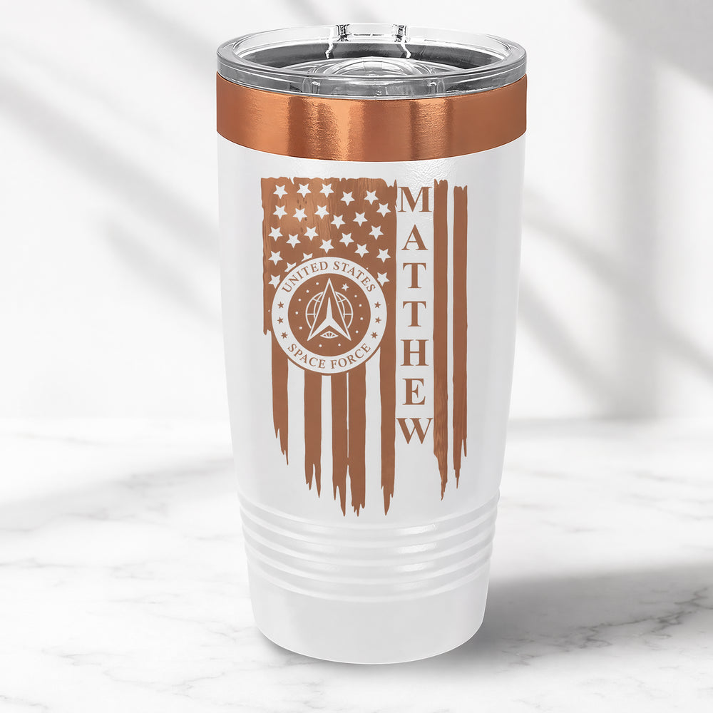 White and copper 20 oz tumbler with American flag engraving and sample name William