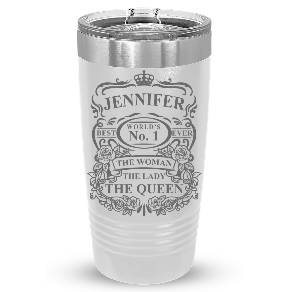 White and copper 20 oz Queen tumbler engraved with the name Susan and floral crown design