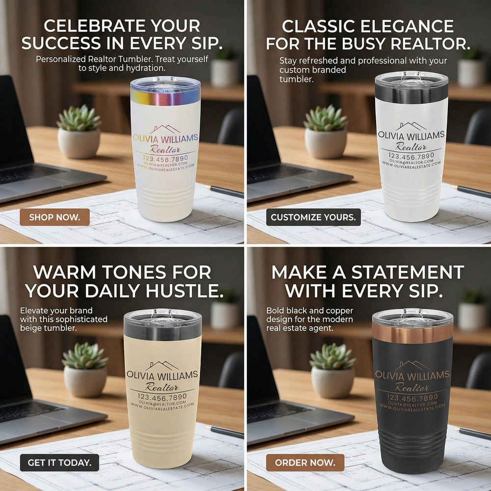 Four sample realtor tumbler color and engraving design views