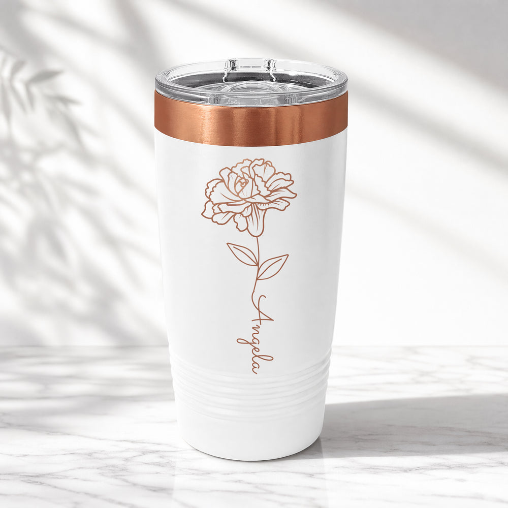 White and copper 20 oz floral tumbler with engraved flower and personalized Angela name