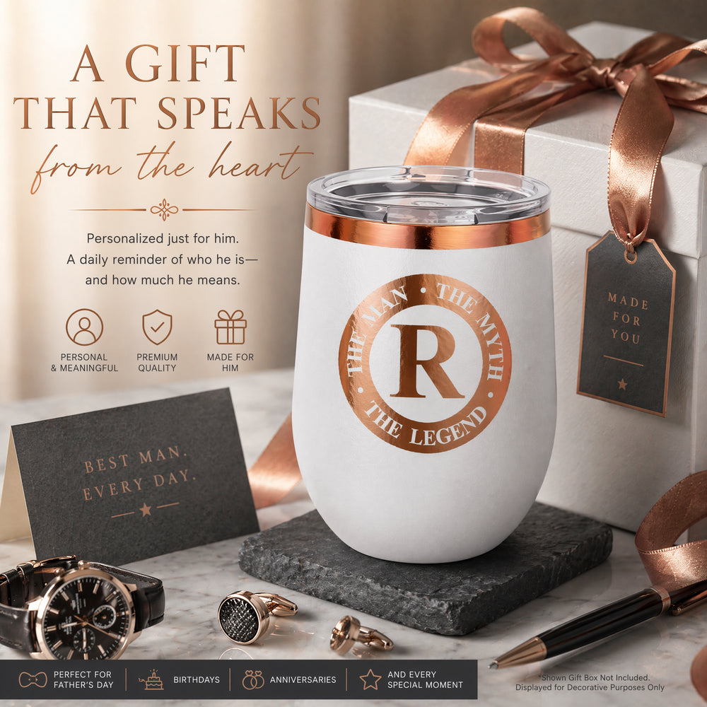 12 oz Legend wine tumbler beside an example gift box; box is for illustration only and is not included