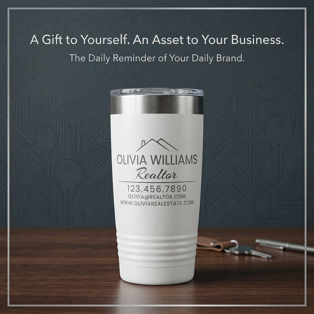 Dark lifestyle graphic of personalized realtor tumbler with Olivia Williams sample name