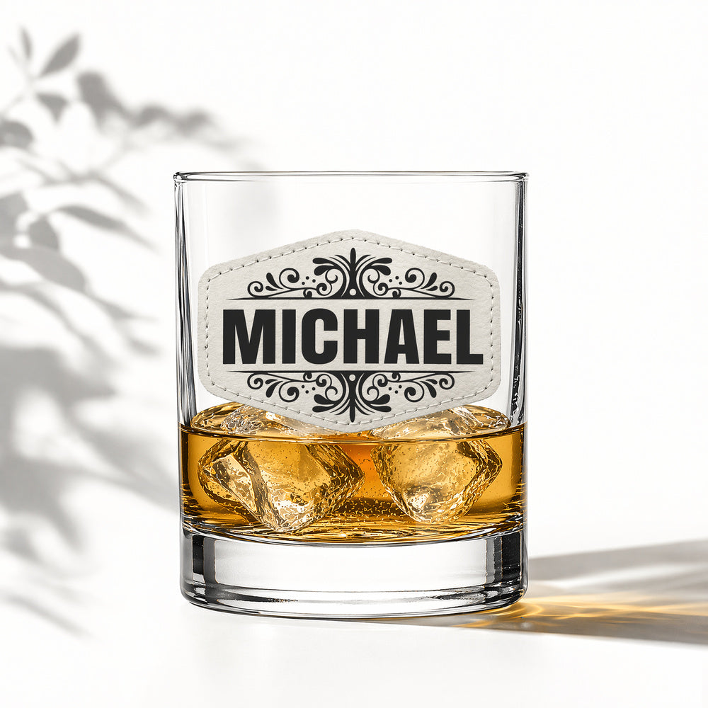 The Leather & Oak – Personalized Whiskey Glass with Engraved Leather Patch