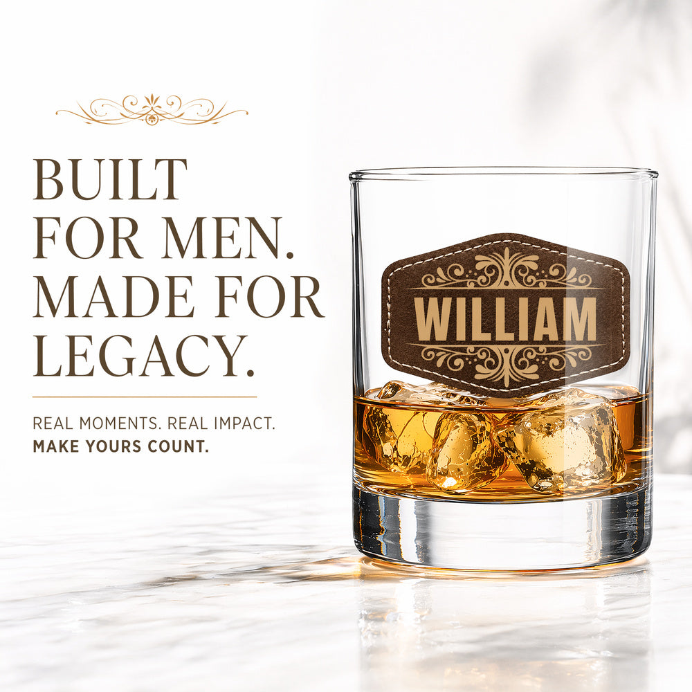 The Leather & Oak – Personalized Whiskey Glass with Engraved Leather Patch
