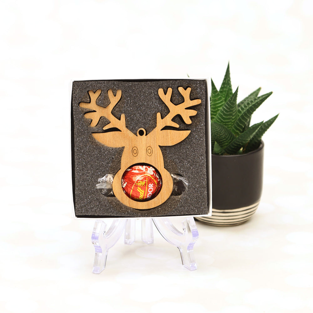 Reindeer - Christmas Wooden Ornament  with Lindt Chocolate