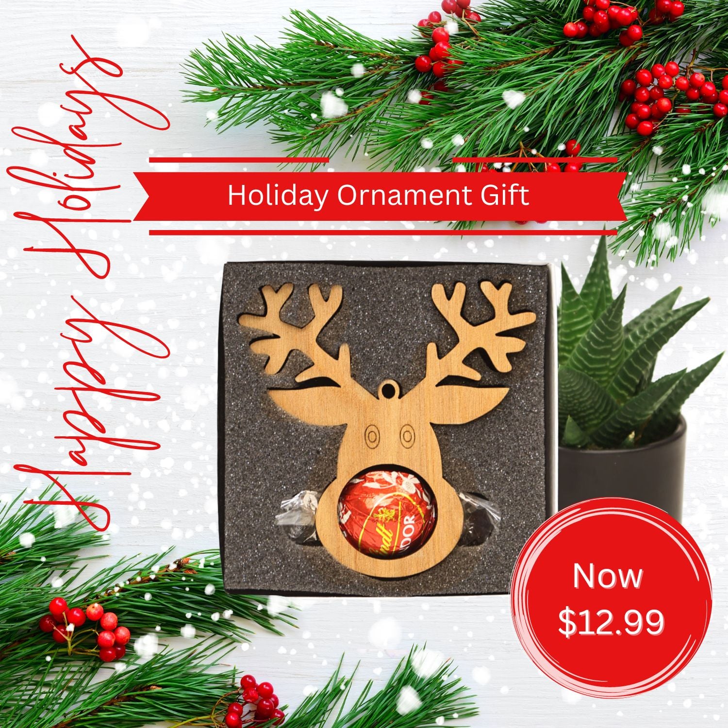 Reindeer - Christmas Wooden Ornament  with Lindt Chocolate
