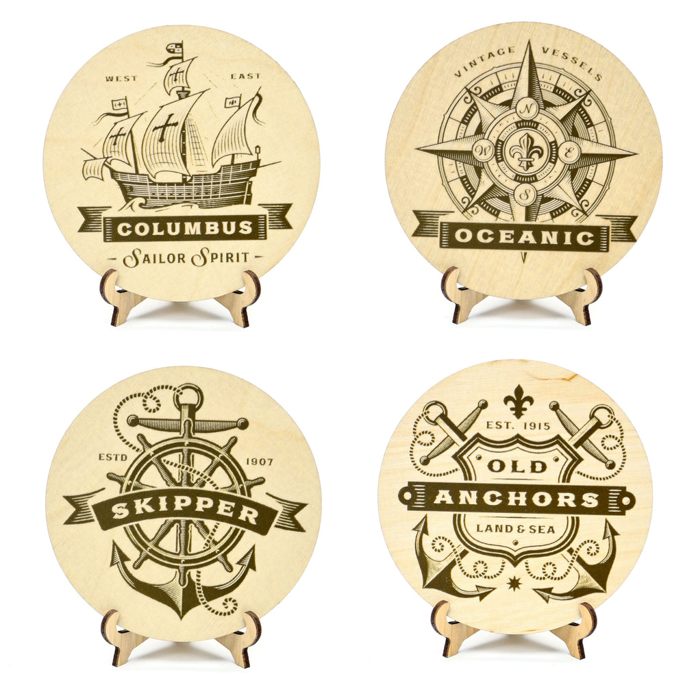Wooden Coasters Set of 4 Pieces with a Nautical Designs