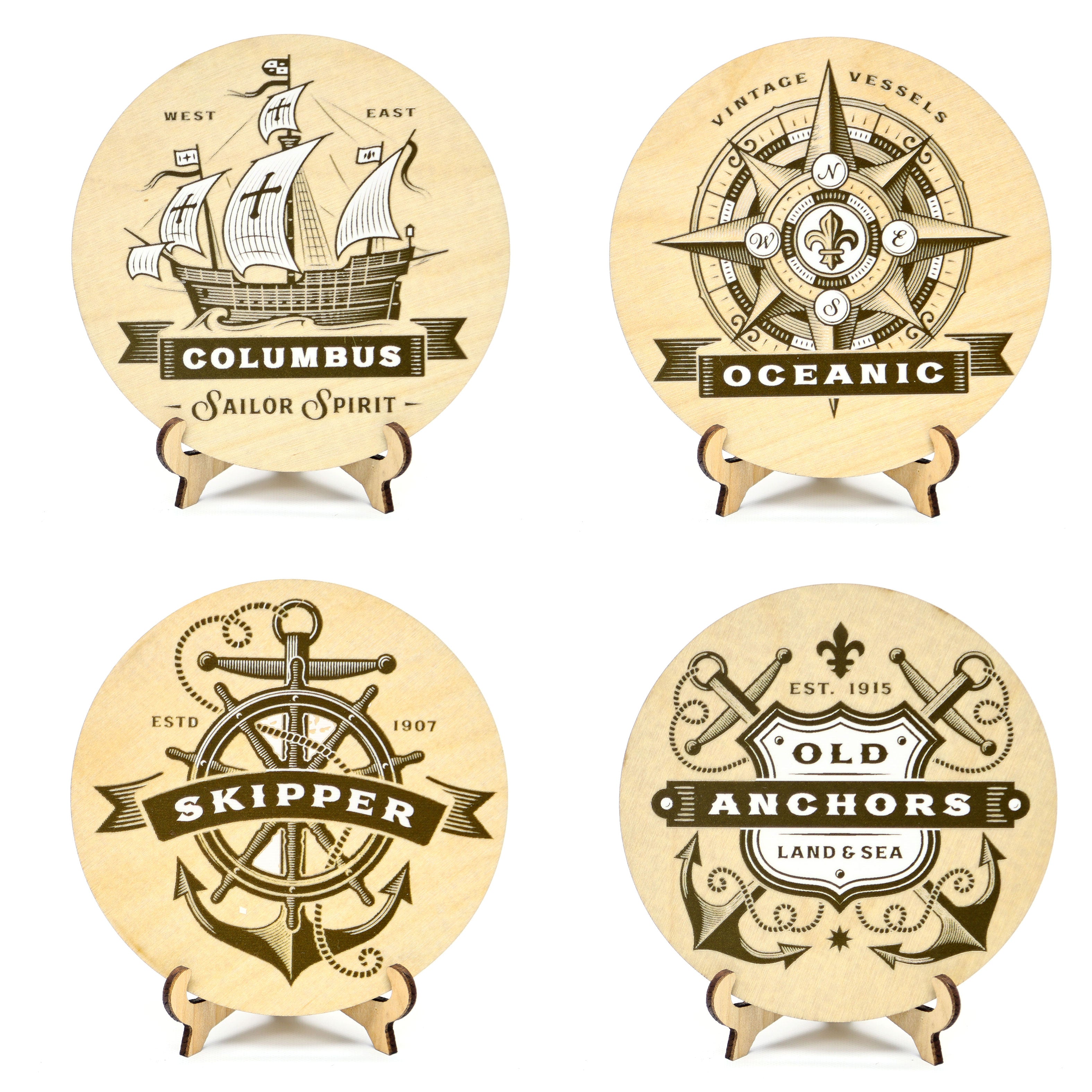 Wooden Coasters Set of 4 Pieces with a Nautical Designs