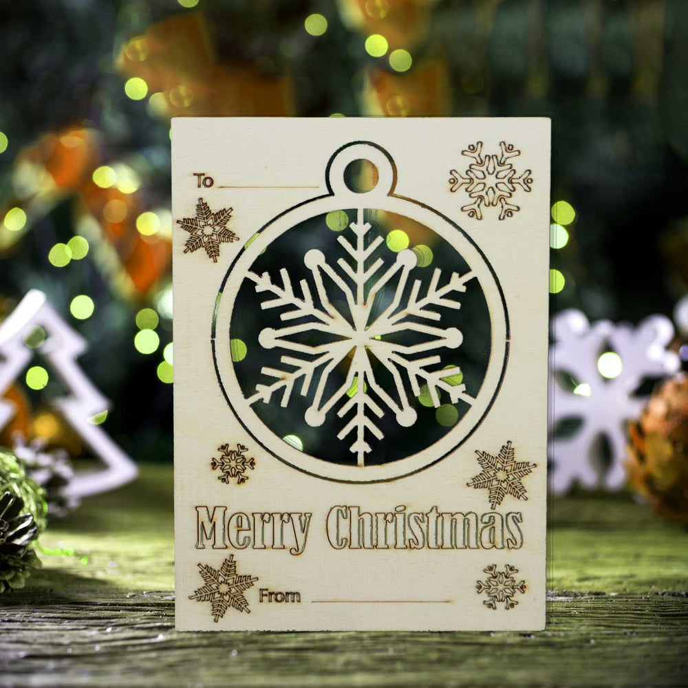 Wooden Christmas Card 4,5 x 6 inches with Push -Out Ornament Envelope Included