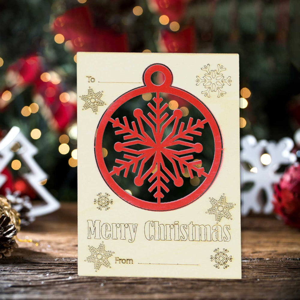 Wooden Christmas Card 4,5 x 6 inches with Push -Out Ornament Envelope Included