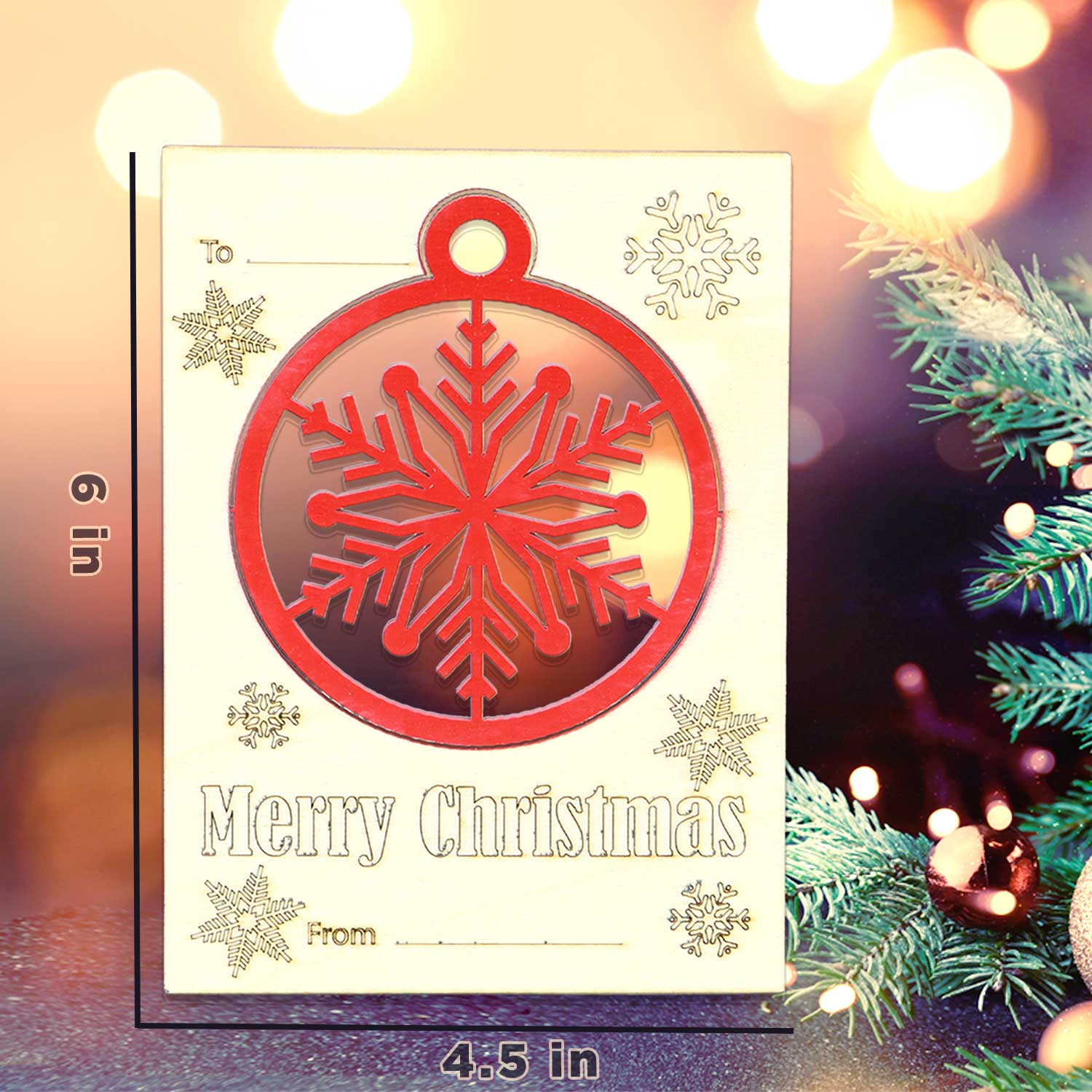 Wooden Christmas Card 4,5 x 6 inches with Push -Out Ornament Envelope Included