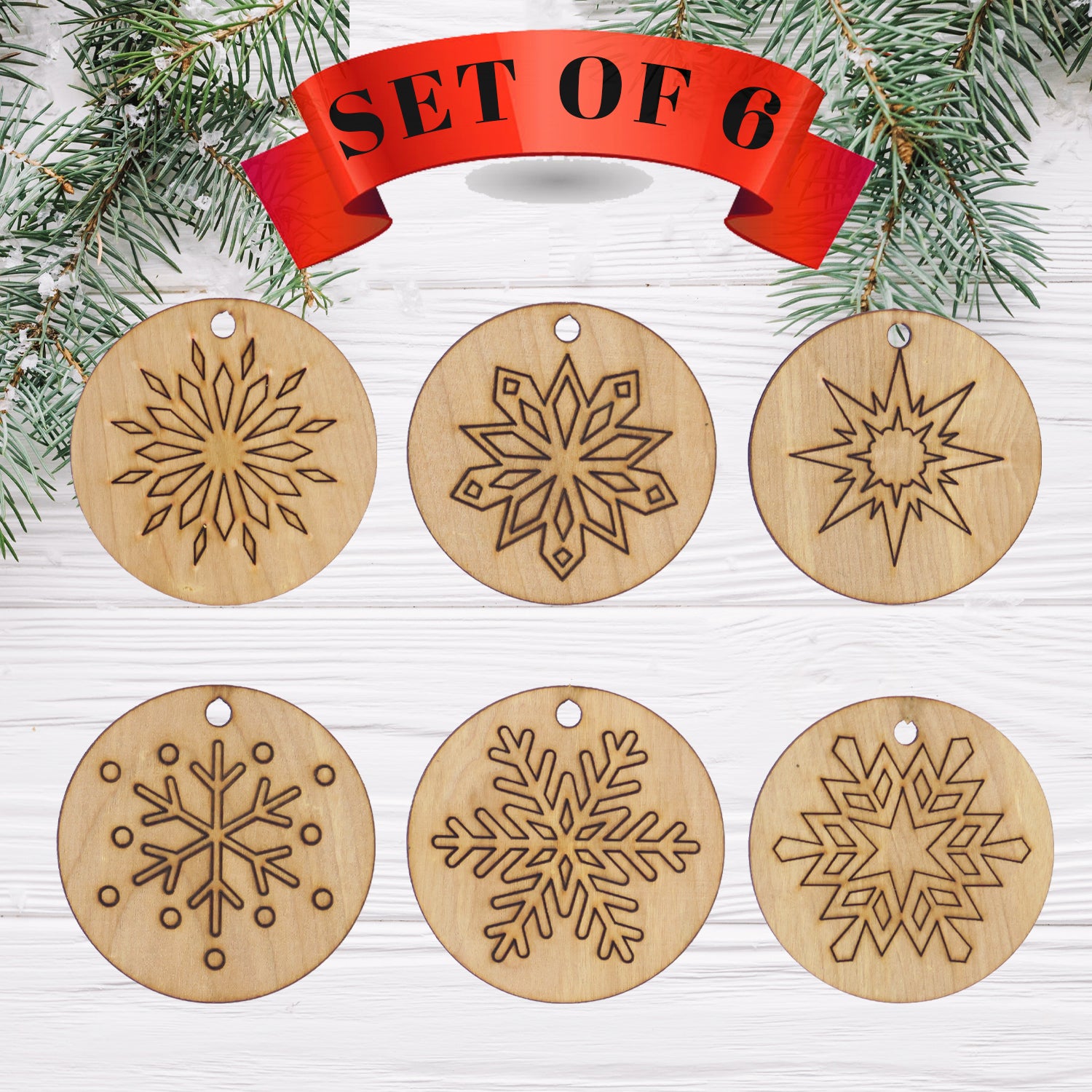 Round Wooden Christmas Ornaments (Set of 6)